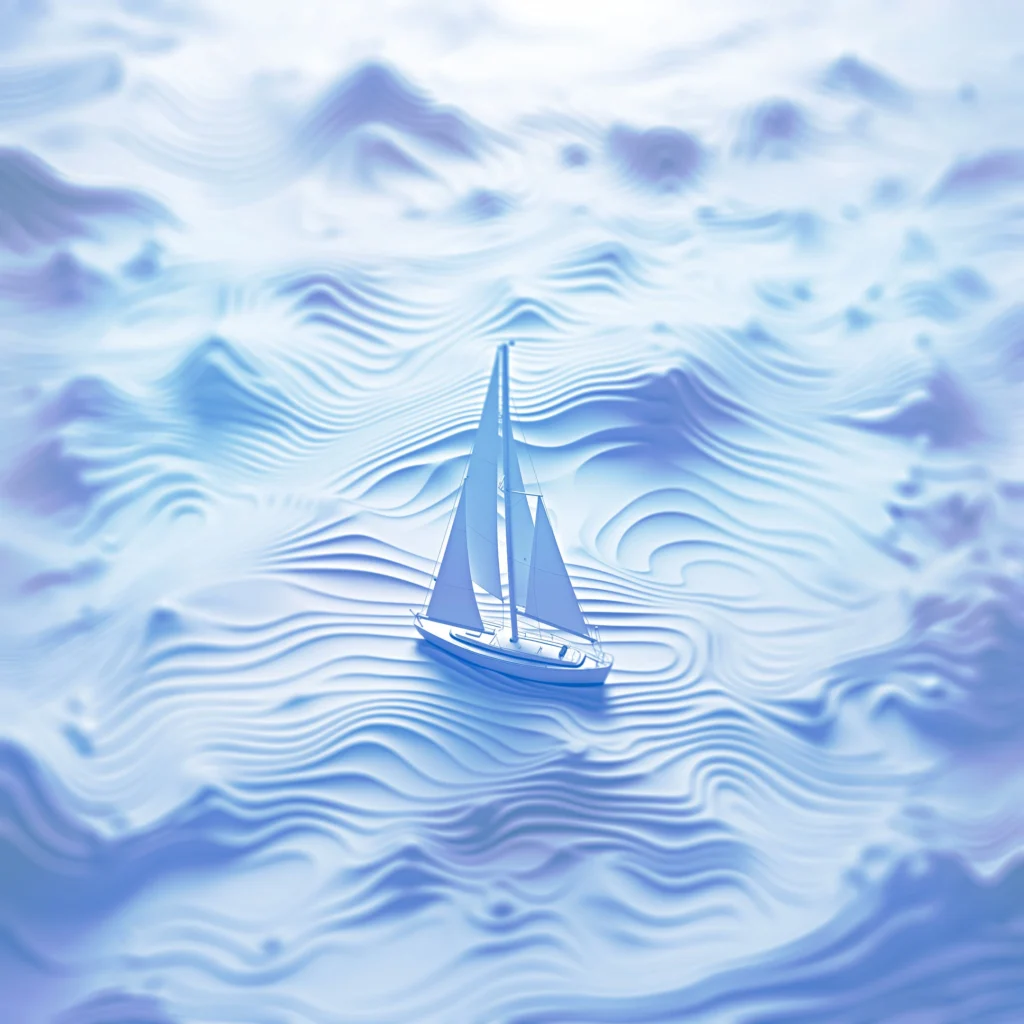 Render di barca a vela stilizzata in mare aperto – stile MEE Free, navigazione a vela su Allures